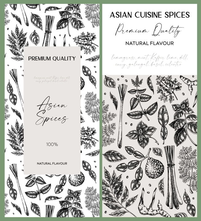 Asian spice label design. Basil, curry, calangal, cilantro, lime sketches. Herbs hand-drawn vector illustration. Vintage spice banner template. . NOT AI generated